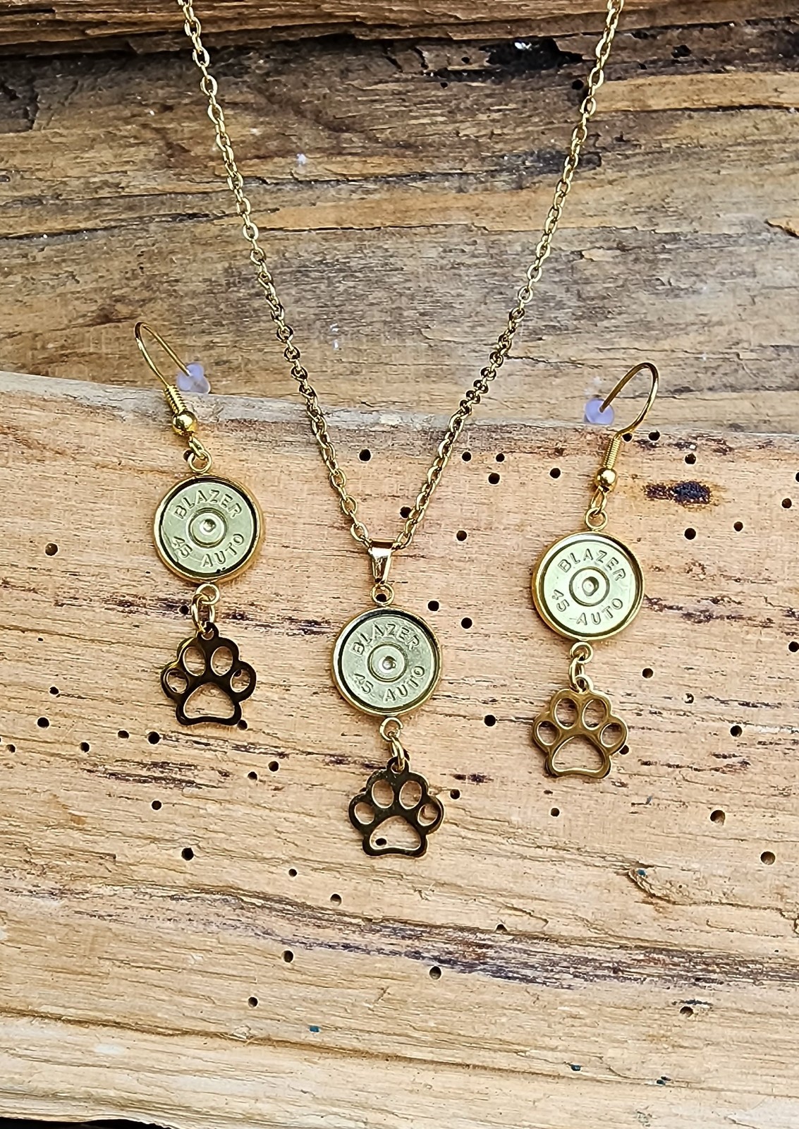 Gold Stainless Bullet Necklace and Earrings with Paw Charms. Optional Color