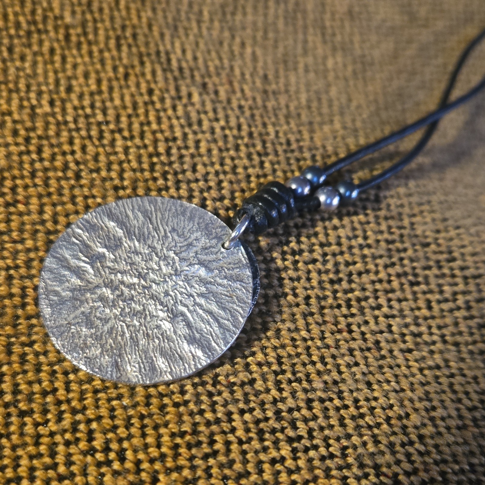Round Silver Tone Disc Pendant Necklace Black Cord Lobster Clasp No Stone