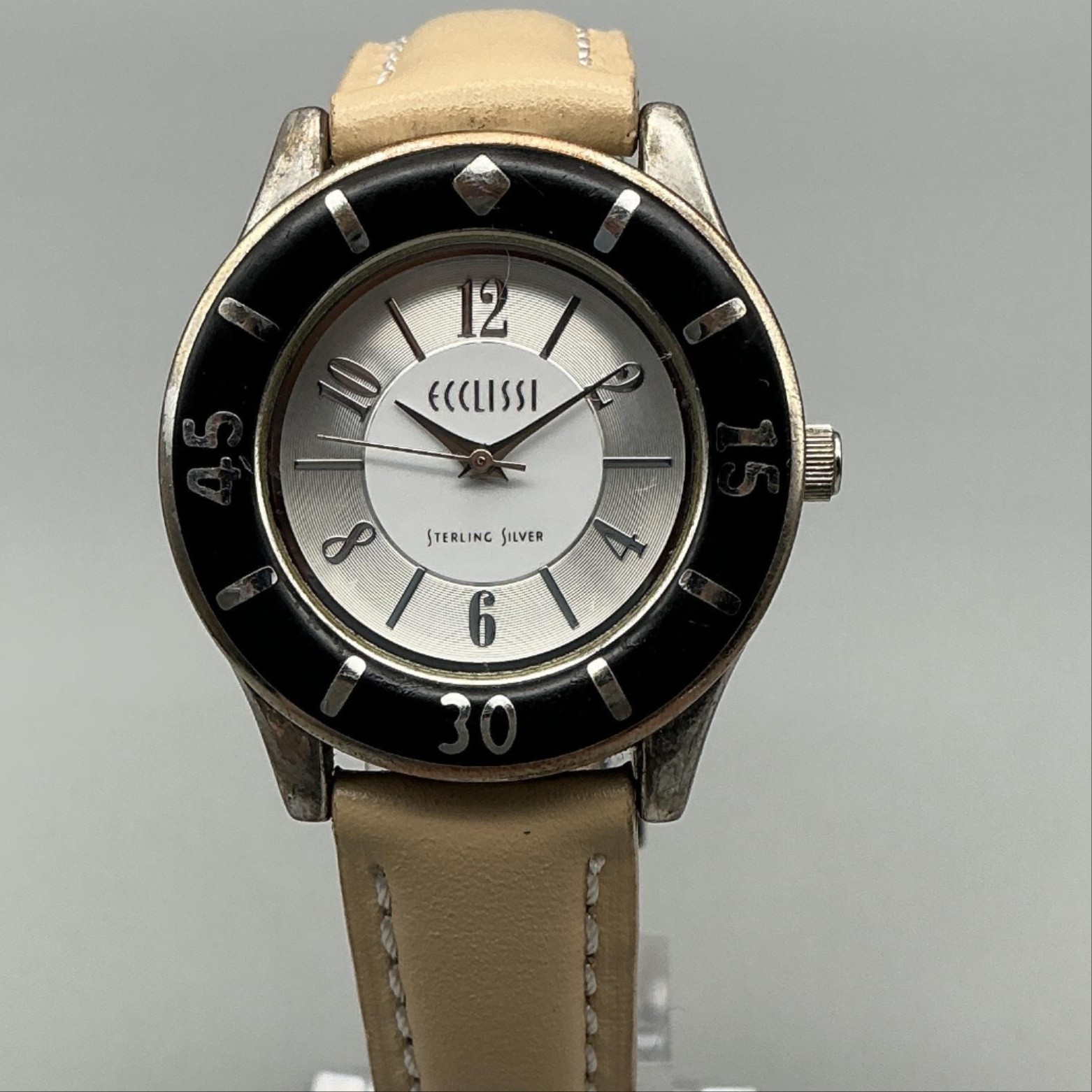 Ecclissi Womens Watch 33mm Sterling Silver Black Beige Leather 23515 New Battery