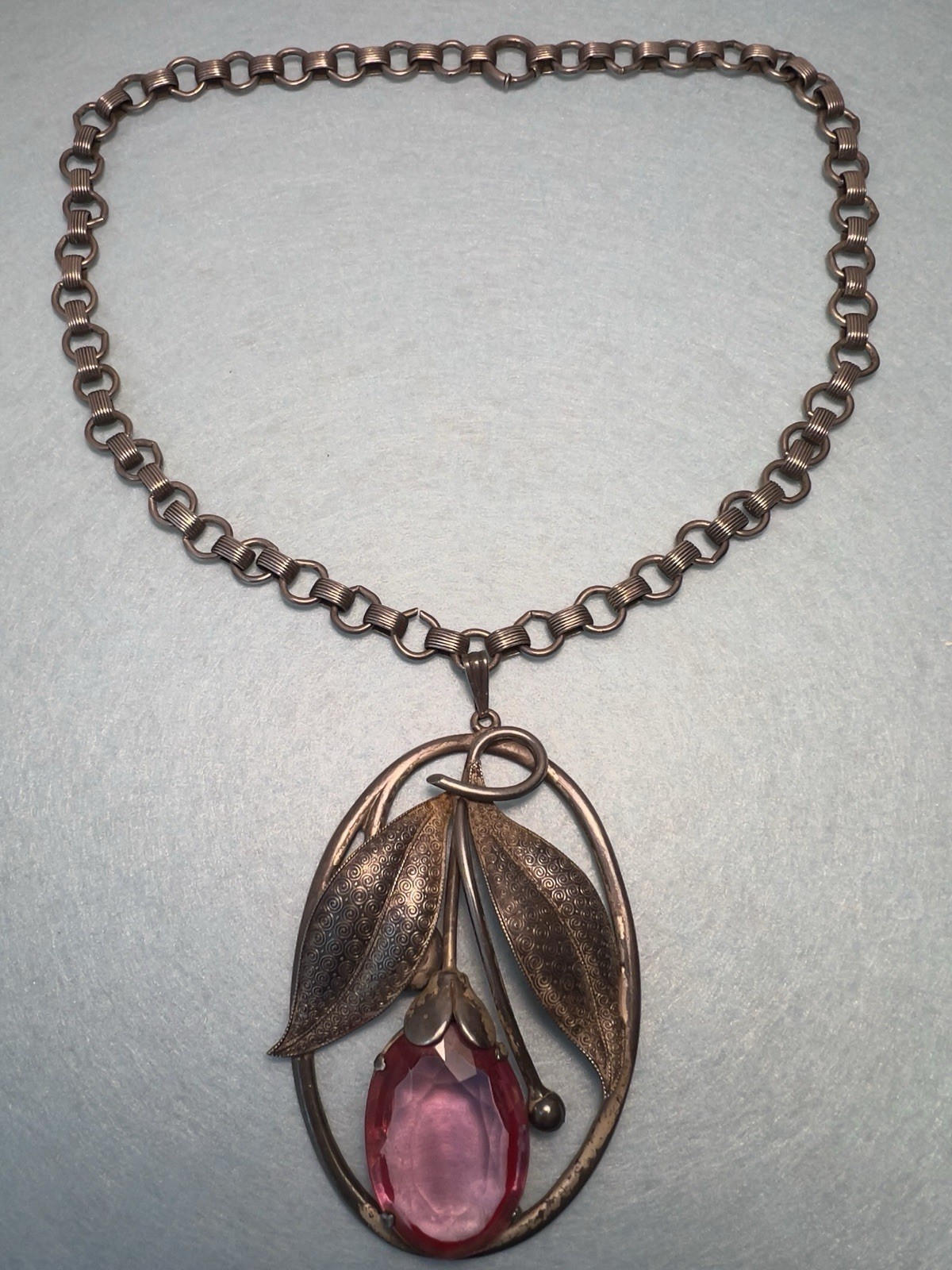 Vintage Art Nouveau Pink Glass 3.25” Pendant Bookchain Necklace 18” Chain