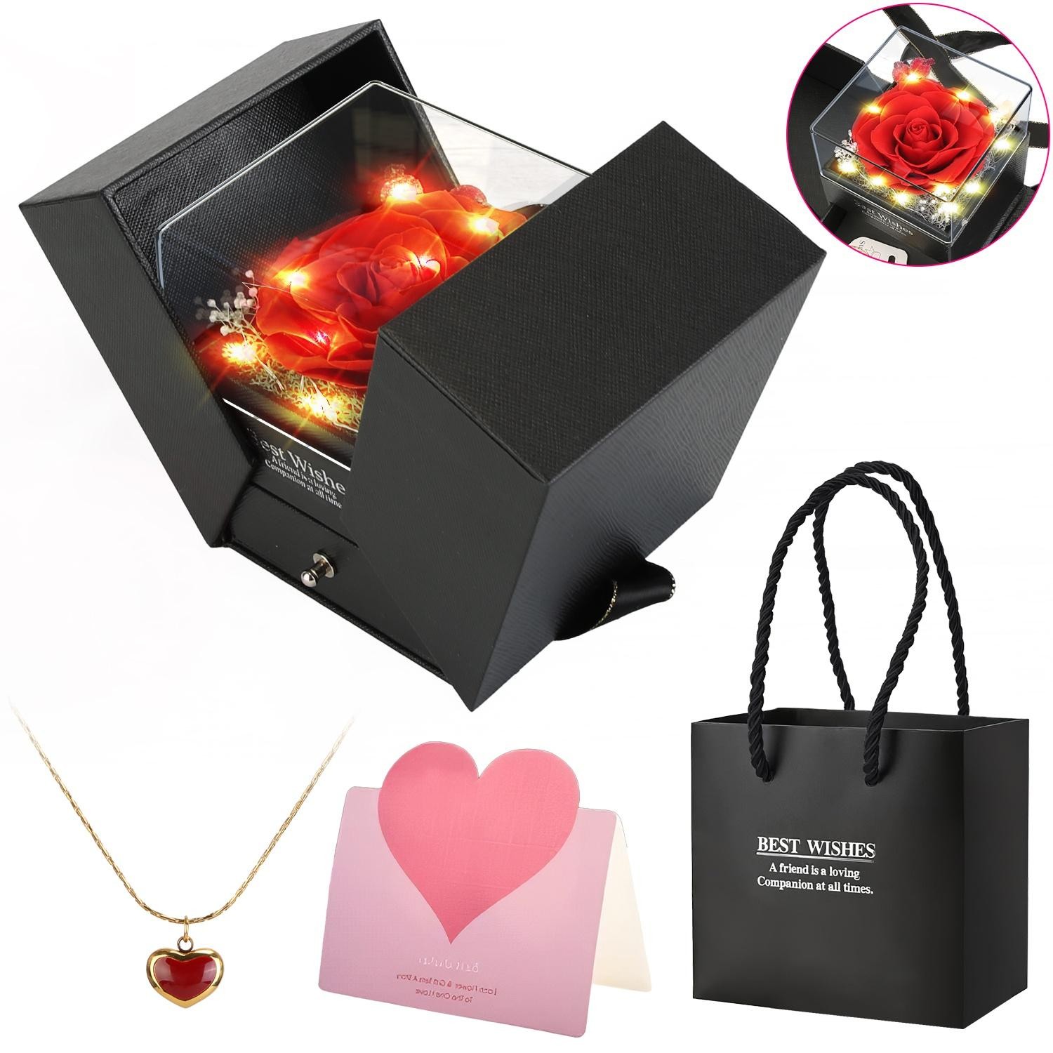 Preserved Red Real Rose w/ Heart Necklace Eternal Flowers w/ Golden