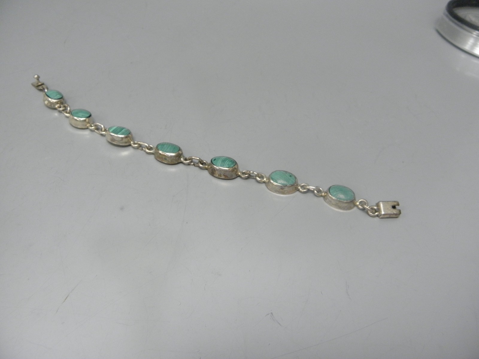 MEXIC0 925 SILVER & OVAL MALACHITE LINK BRACELET MARKED TC-21 7″