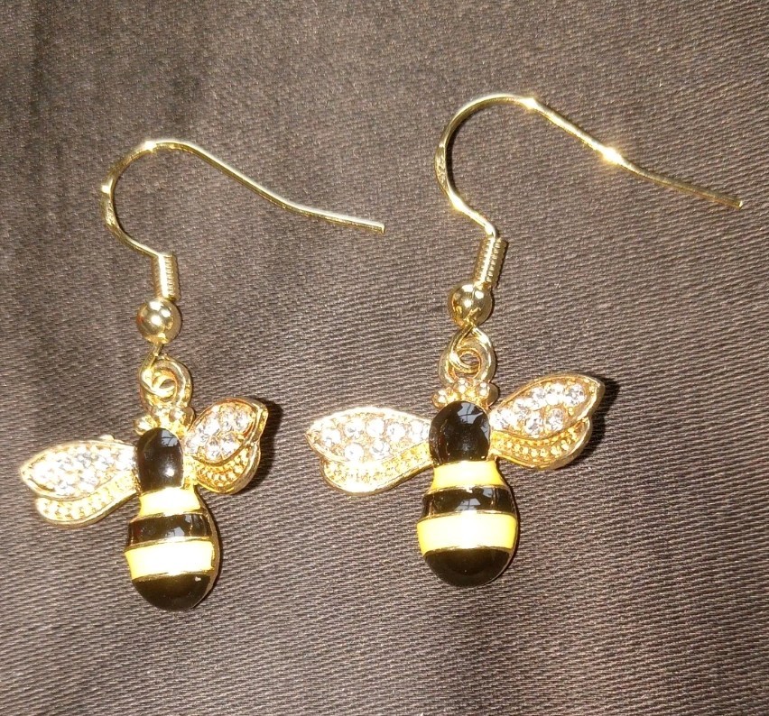 HONEY BEE DROP DANGLE EARRINGS goldplated Yellow Black Enamel with Rhinestones
