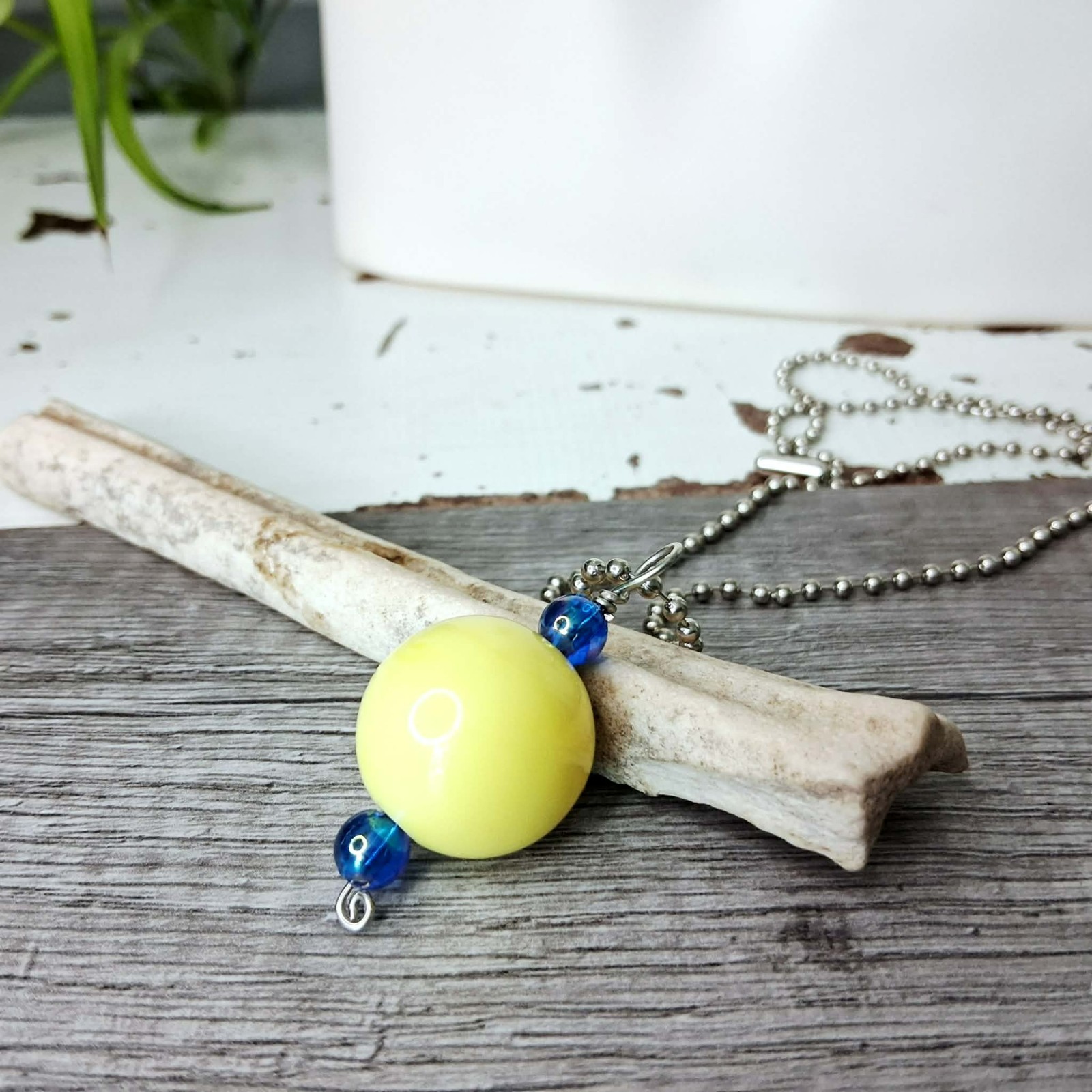 Chic Silver Necklace with Yellow and Blue Pendant, 17″