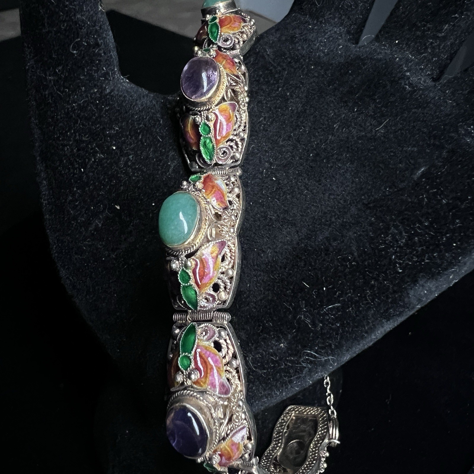 Vintage Chinese Export Silver Vermeil Filigree Enamel Bracelet 7.25″ 34g
