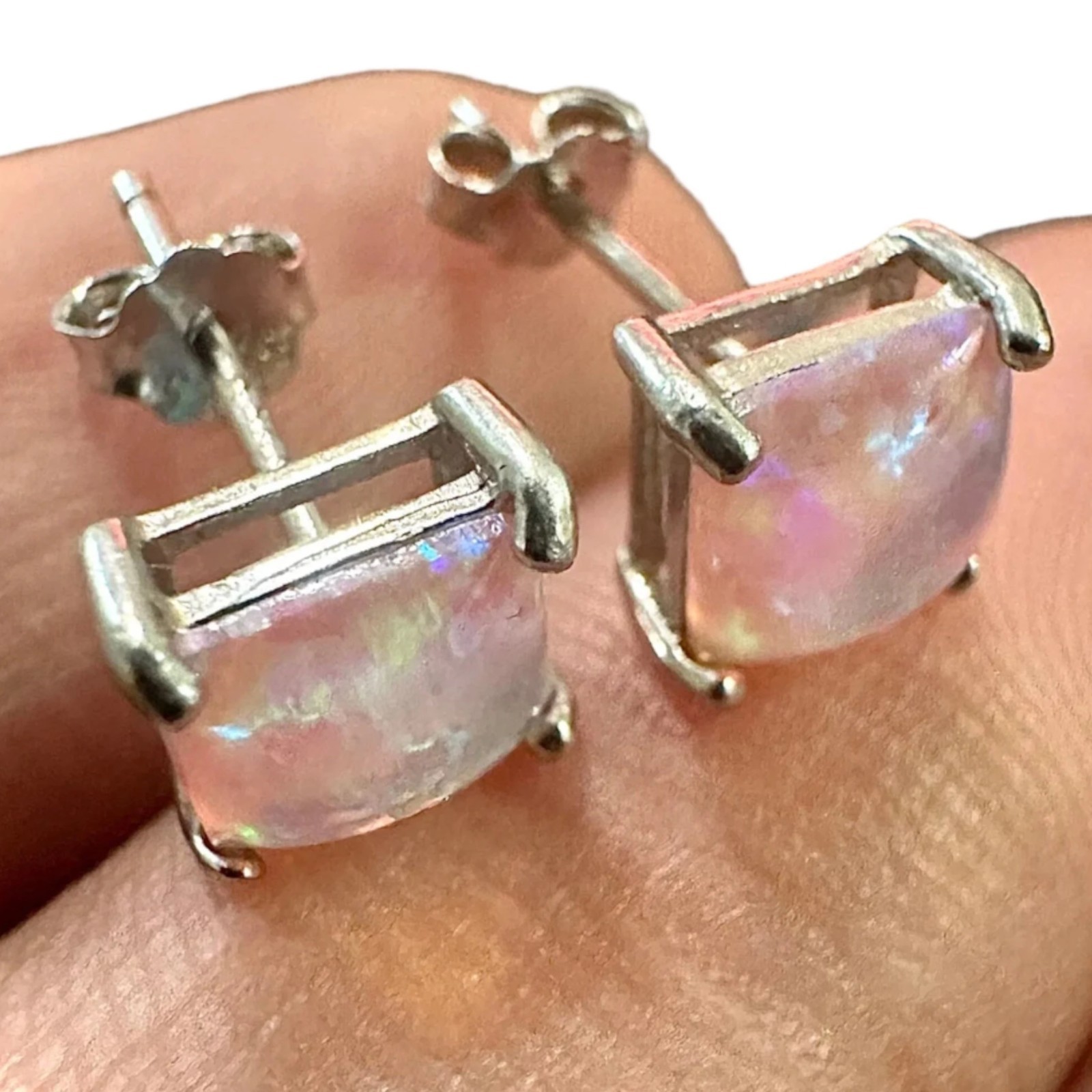 Pink Opal Stud Earrings 6mm 925 Sterling Silver Square Studs