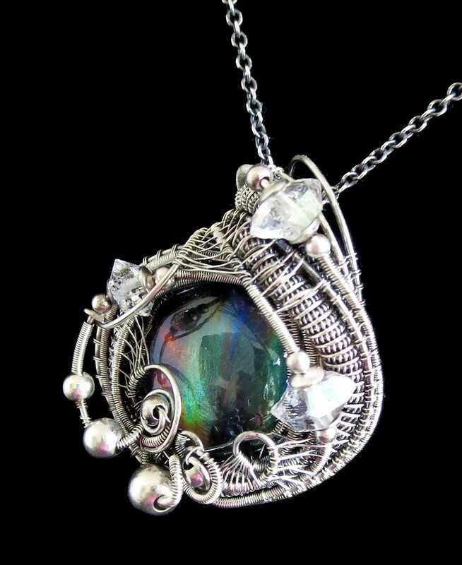 Aurora Opal Wire-Wrapped Pendant in Sterling Silver with Herkimer Diamonds