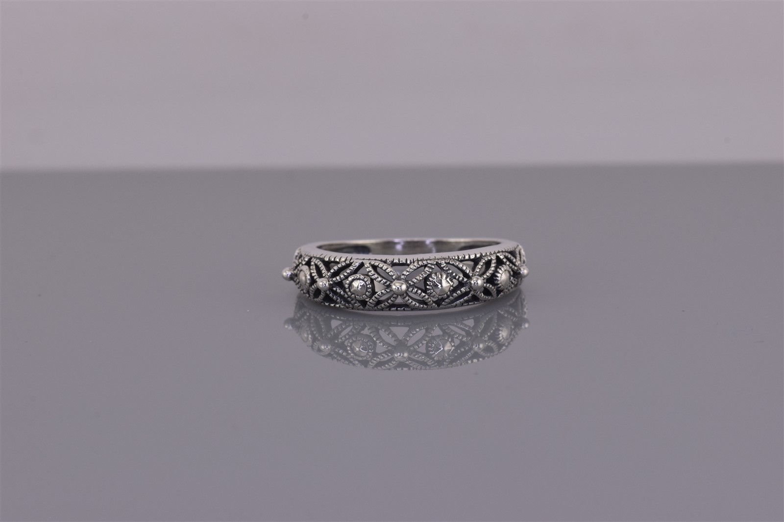 Sterling Silver 5mm Beaded Filigree Flower Openwork Band Ring 925 Sz: 7