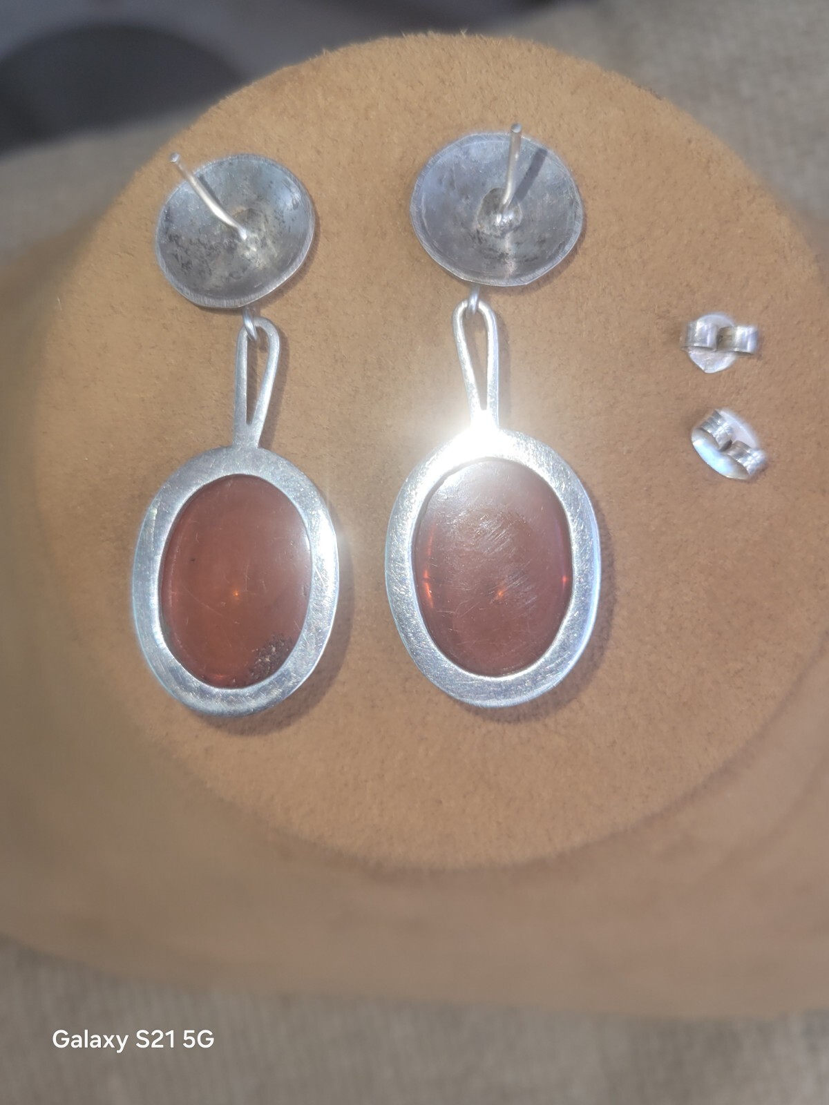 Susan Cummings 2″ Pierced Earrings Modern Silver & Amber McClure’s Nashville Tn