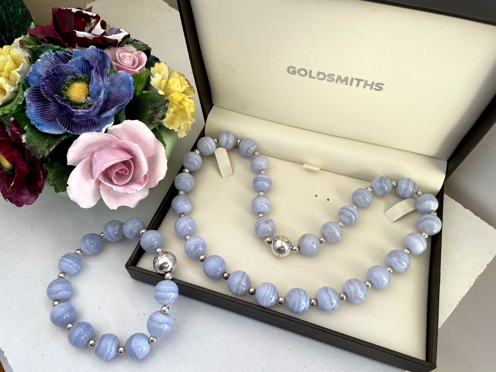 GORGEOUS SOLID 925 STERLING SILVER BANDED AGATE SET 8″ BRACELET 18″ NECKLACE 26″