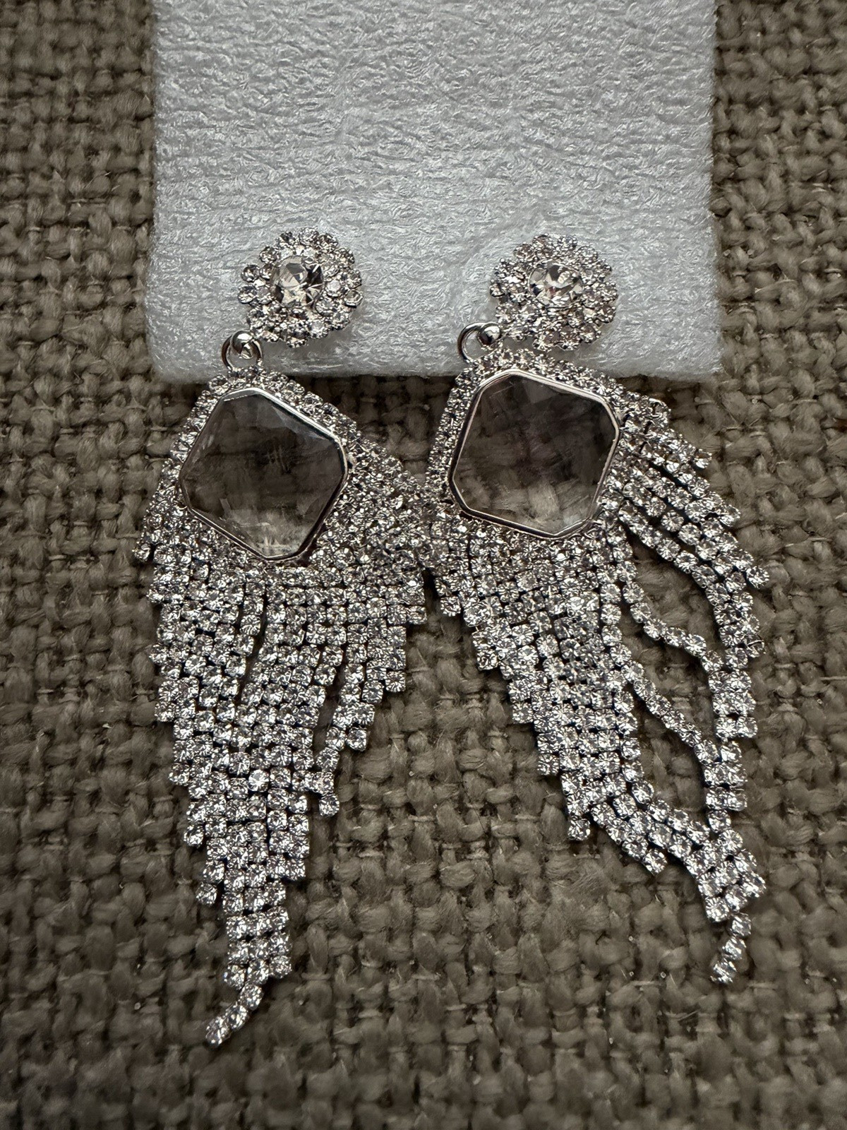 Silver Tone Clear Crystal Rhinestone Fringe Dangle Drop Earrings 3.5 in