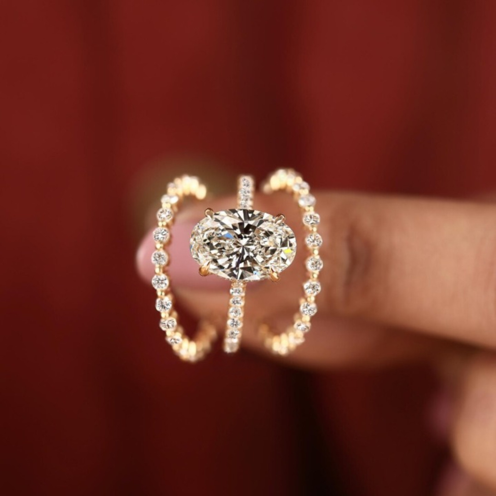3 Carat Oval Cut Lab Grown Diamond Engagement Ring With 2 Bands | 14k Gold