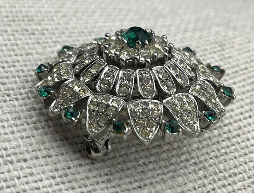 Vintage R.Mandle w/Crown Dome Brooch With Emerald Green and Clear Rhinestones