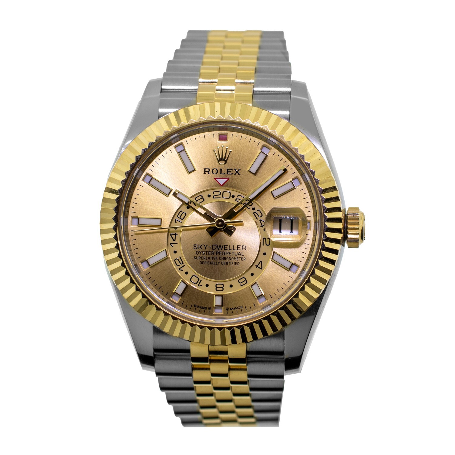 Rolex Sky-Dweller 42mm Yellow Gold & Steel Champagne Dial Fluted Bezel 336933
