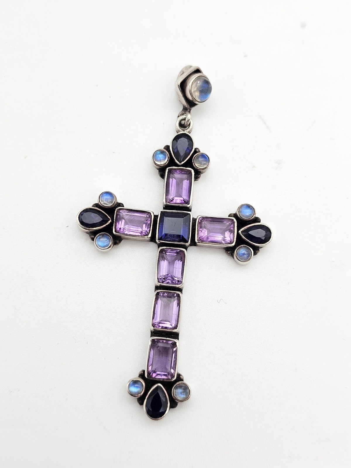 Nicky Butler 925 Silver Cross Pendant Amethyst Iolite Moonstone Signed India 11g