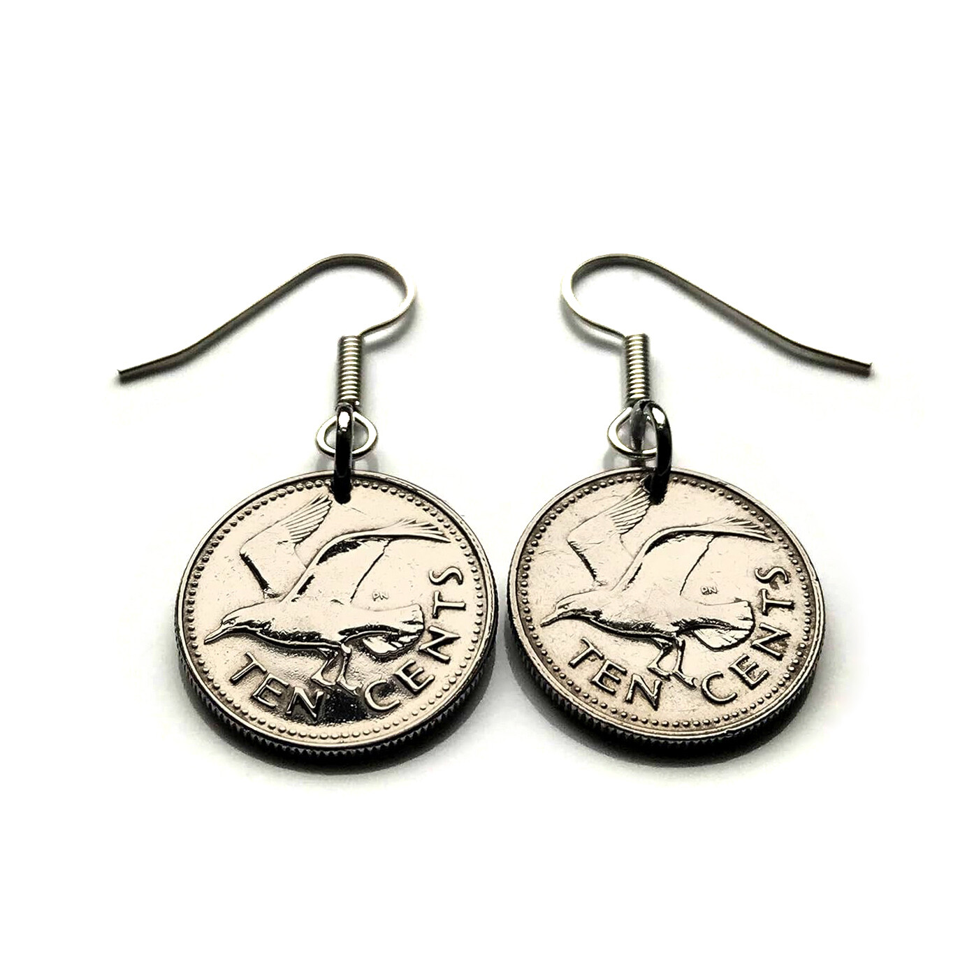Barbados 10 Cent coin earrings Laughing gull bird dolphin fish Bridgetown 000342