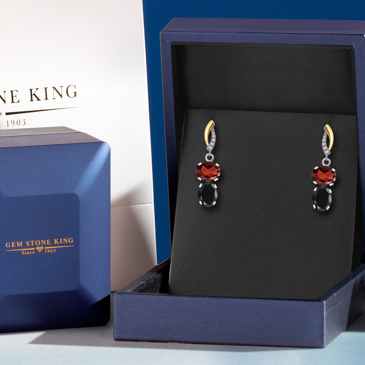 925 Silver and 10K Yellow Gold Garnet and Black Sapphire and Lab Grown Diamond