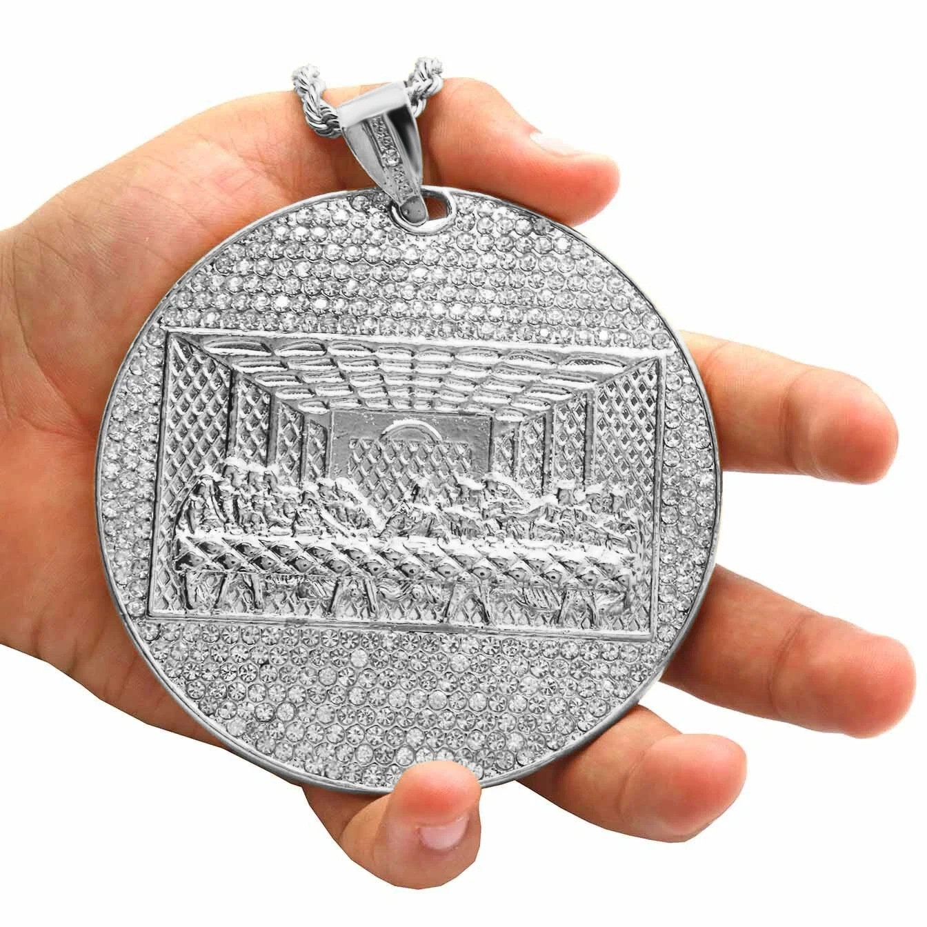 925 Silver Plated ” Huge LAST SUPPER” Pendant Cubic Zirconia 30″ Rope Chain