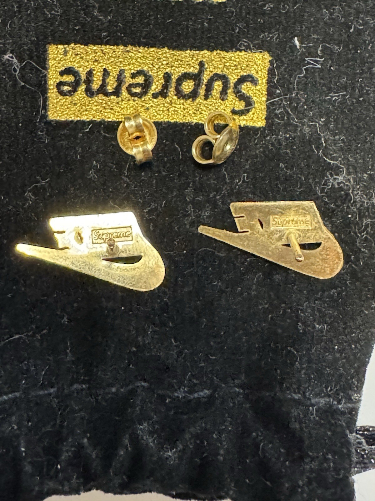 Supreme x Nike 14k Gold Stud Earrings w/ Backs & Pouches, (2 Earrings)