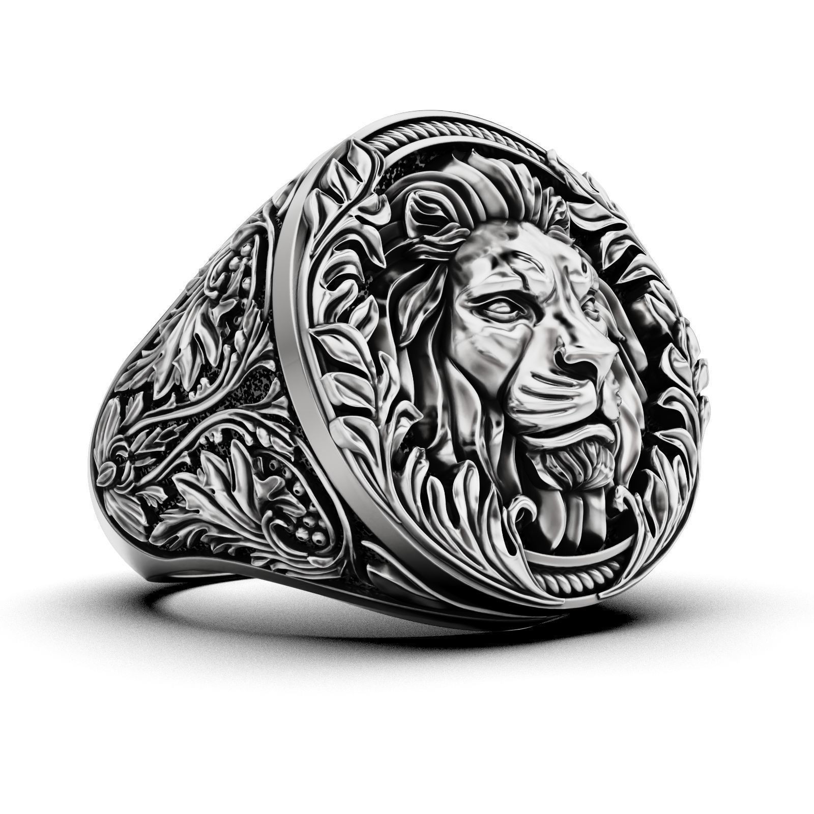 Oxidized Men’s Baroque Pattern Royal Lion Gothic Punk 925 Silver Statement Rings