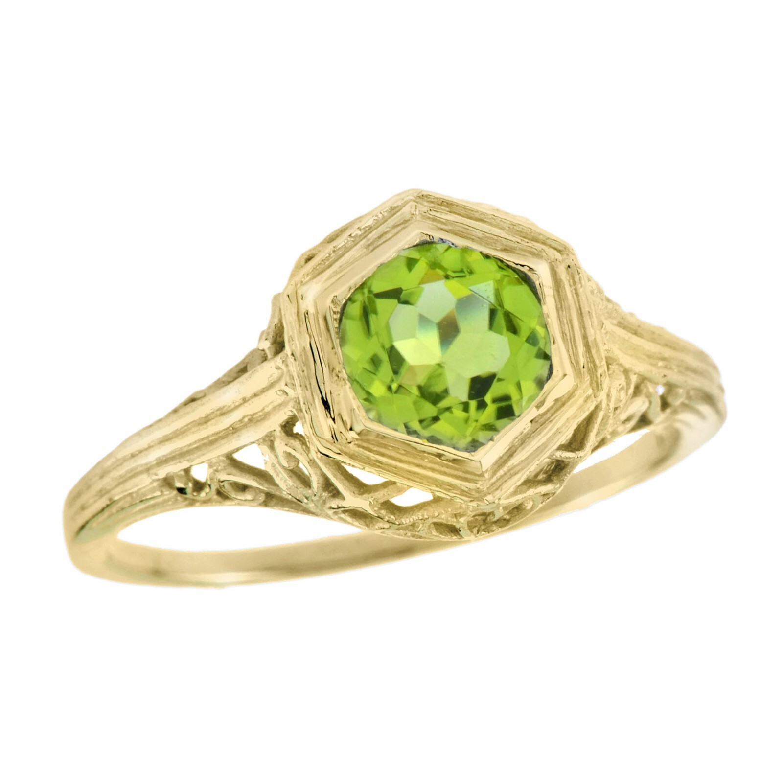 9K Yellow Gold Natural Peridot Vintage Style Filigree Ring