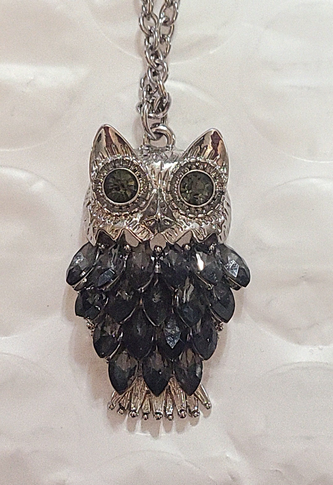 Silver Tone Owl Pendant Necklace w/ Long Chain Black Purple Crystal Rhinestones