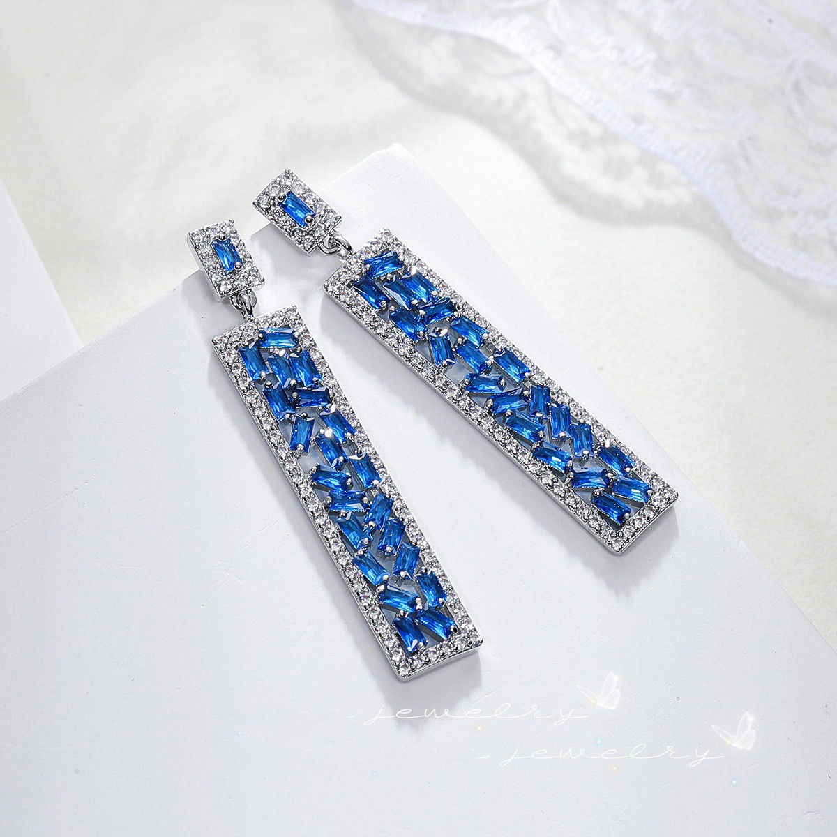 Wedding Party Jewelry Spinel Blue Topaz Gems Luxury Women Dangle Stud Earrings