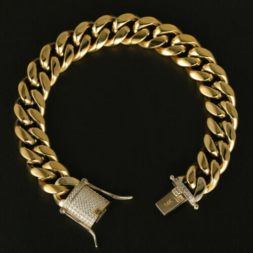 Gold Plated Miami Cuban Link Chain Bracelet Stainless CZ Steel Clasp 6mm-14mm