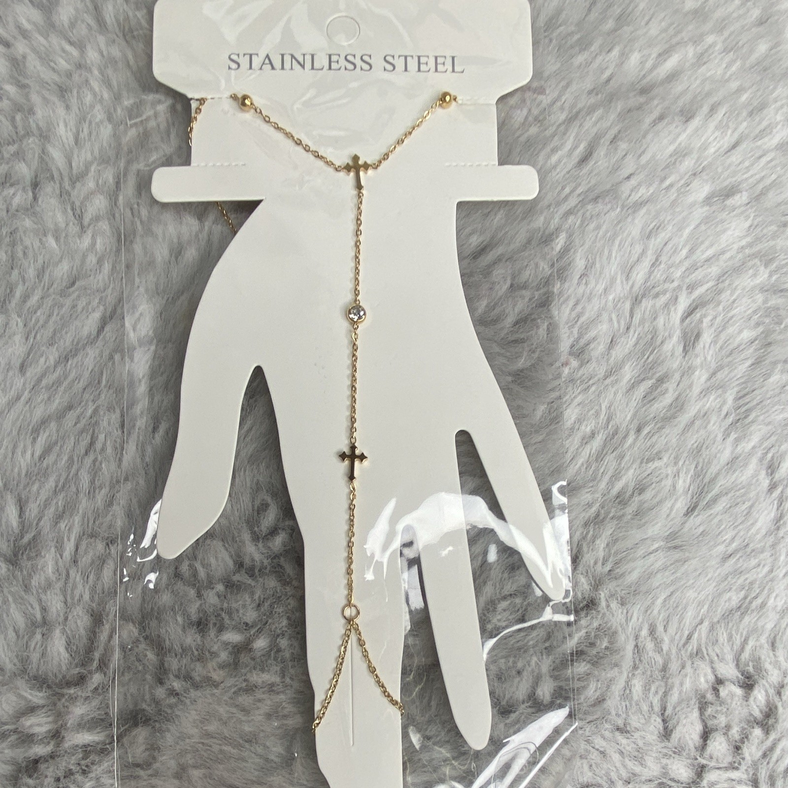 Gold Tone Stainless Steel Saints Cross Hand Chain Bracelet