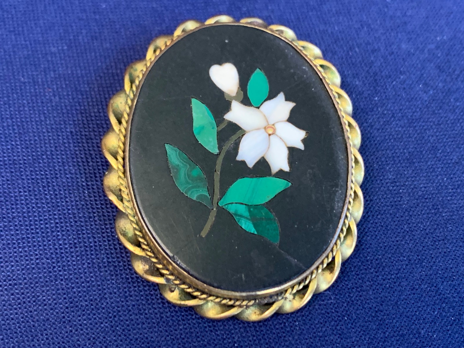 Antique Pietra Dura Brooch Costume Jewelry White Flower Floral Stone Inlay Pin