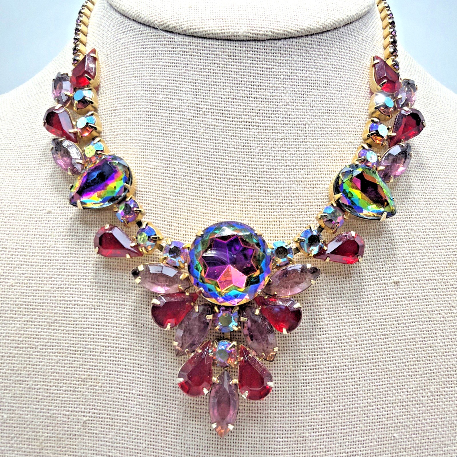 Vintage Juliana Delizza & Elster Necklace Red Fuchsia & AB Watermelon Stones