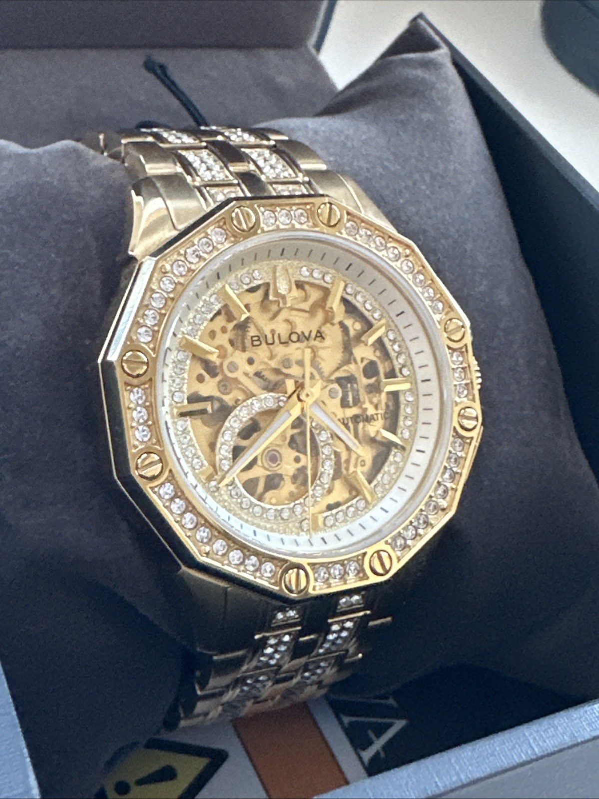 Bulova Men’s Crystal Automatic Skeleton Gold Stainless Steel Watch 42 MM 98A292