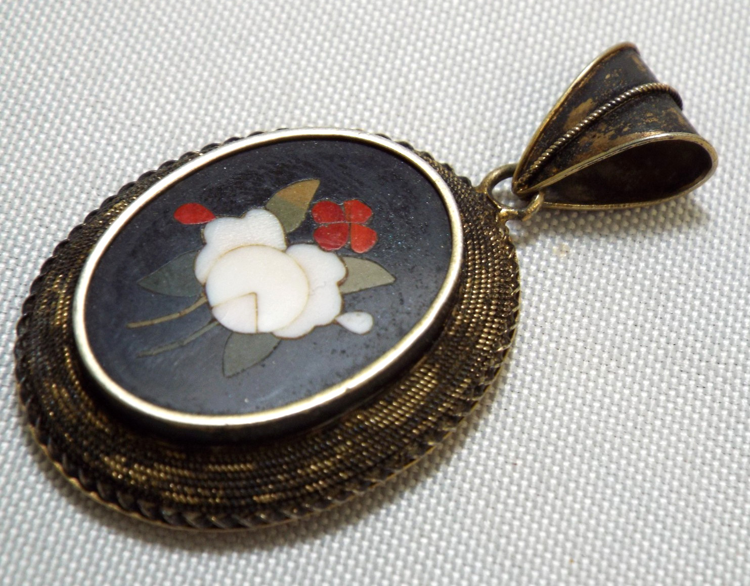 Antique Italian Pietra Dura Inlaid Mosaic 2 Sided Pendant Sterling Silver 12.1g