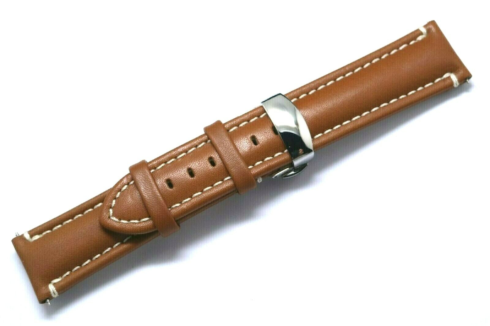 20mm 22mm Brown/White Genuine Leather Watch Band W/ Push Button Deployant Clasp