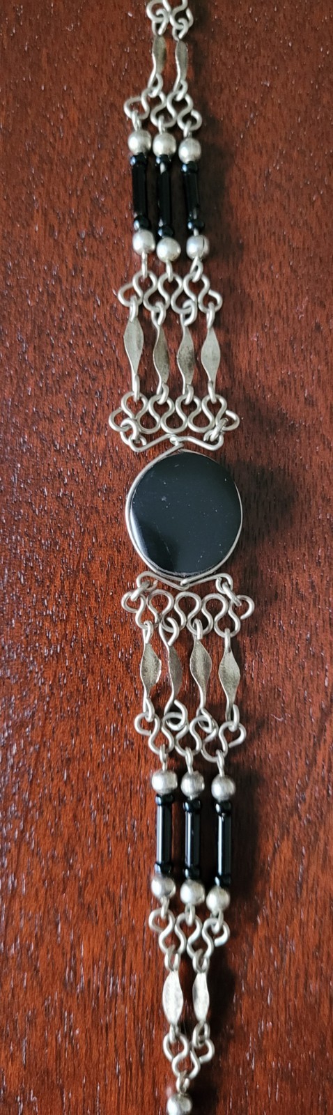 Vintage Artisan Silver & Black Stone Beaded Intricate Chain Bracelet 8.25 in