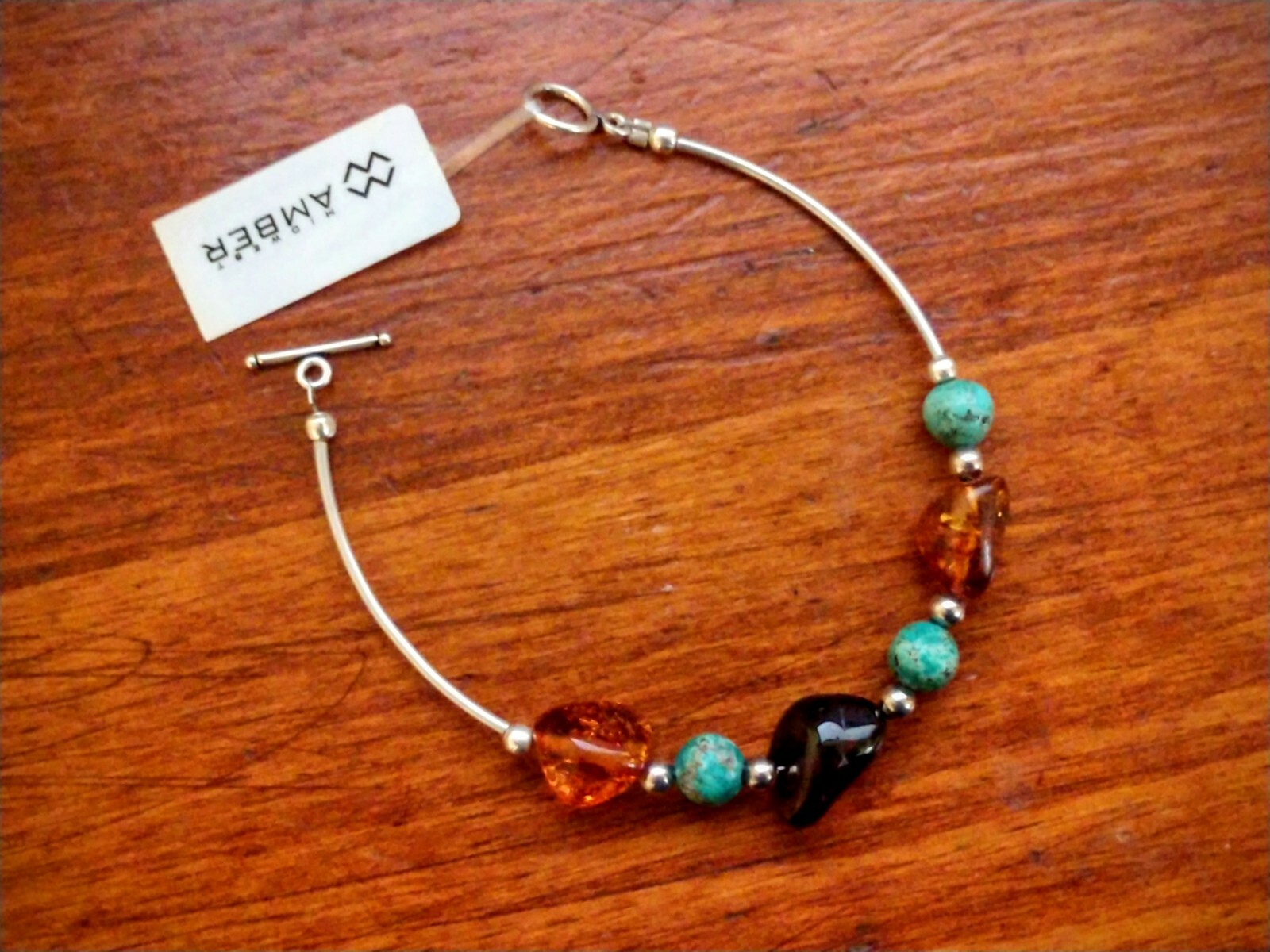 Sterling Silver~AMBER from Poland Casual & Pretty Bracelet Amber & Green Beads ~