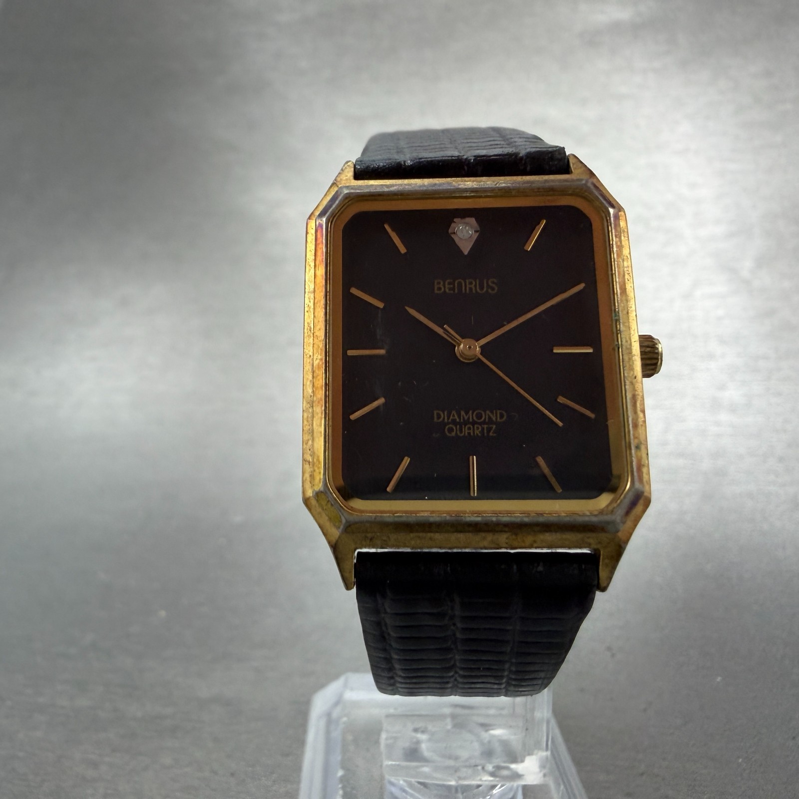 Benrus Tank Watch Men 26mm Black Dial Gold Tone Rectangle Diamond New Battery