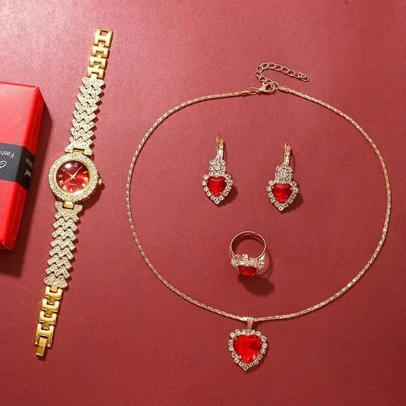 Women 4 Jewelry Set Watch & Bracelet & Ring & Earrings & Necklace Fashion Gift