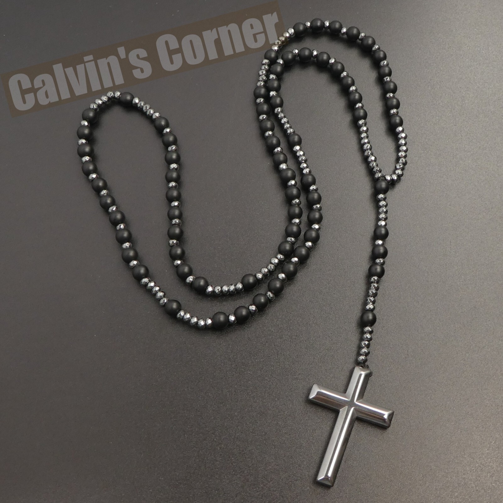 Matte Black Onyx Hematite Rosary Necklace Catholic Christ Cross Men Women Gift