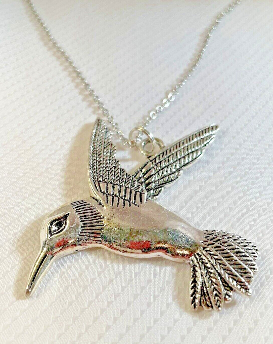 Hummingbird Silver Necklace 30” Stainless Statement Jewelry Bird Gif NEW