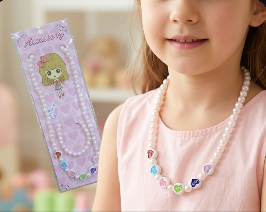 NWT Chibi Anime Girl Faux Pearl Necklace & Bracelet Jewelry Set – Cute, Pink Hea