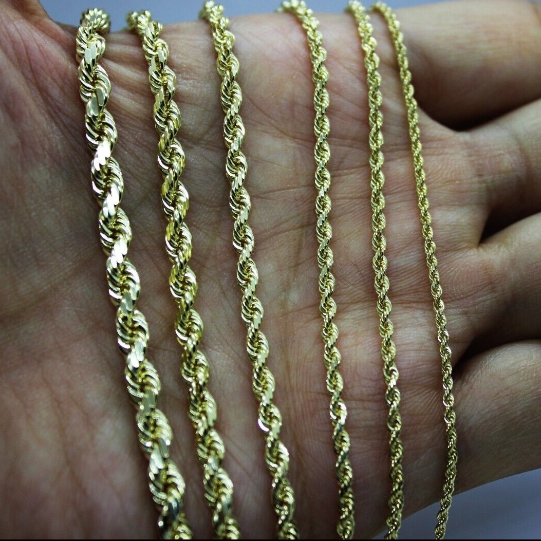 10K Yellow Solid Gold Rope Diamond Cut Chain necklace bracelet 1.5mm-4mm/7″-30″