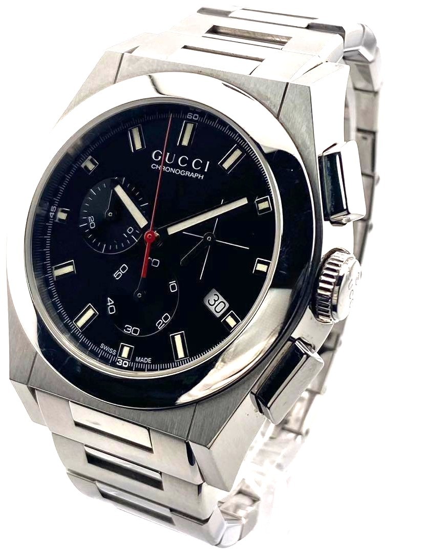 GUCCI Pantheon Chronograph 115.2 Watch Black Dial Steel Silver Men Used