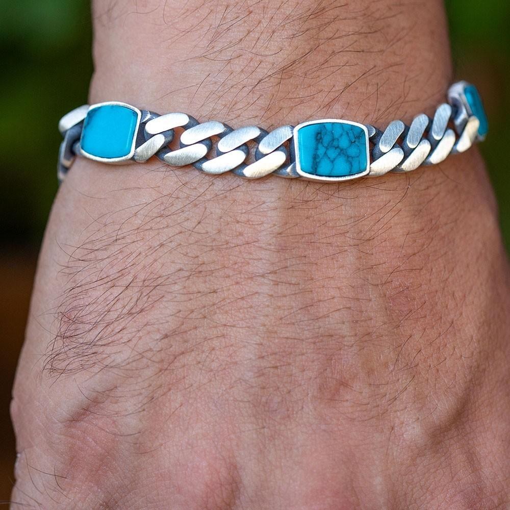 Men’s Turquoise Gemstone 925 Sterling Silver 10mm Curb Chain Link Bracelet