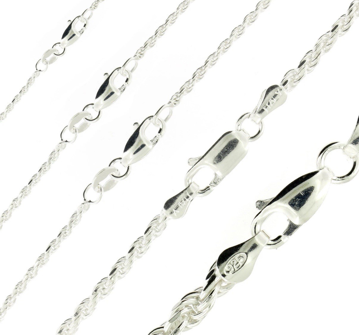Real Solid Sterling Silver Diamond Cut Rope Chain Mens Boys Bracelet or Necklace