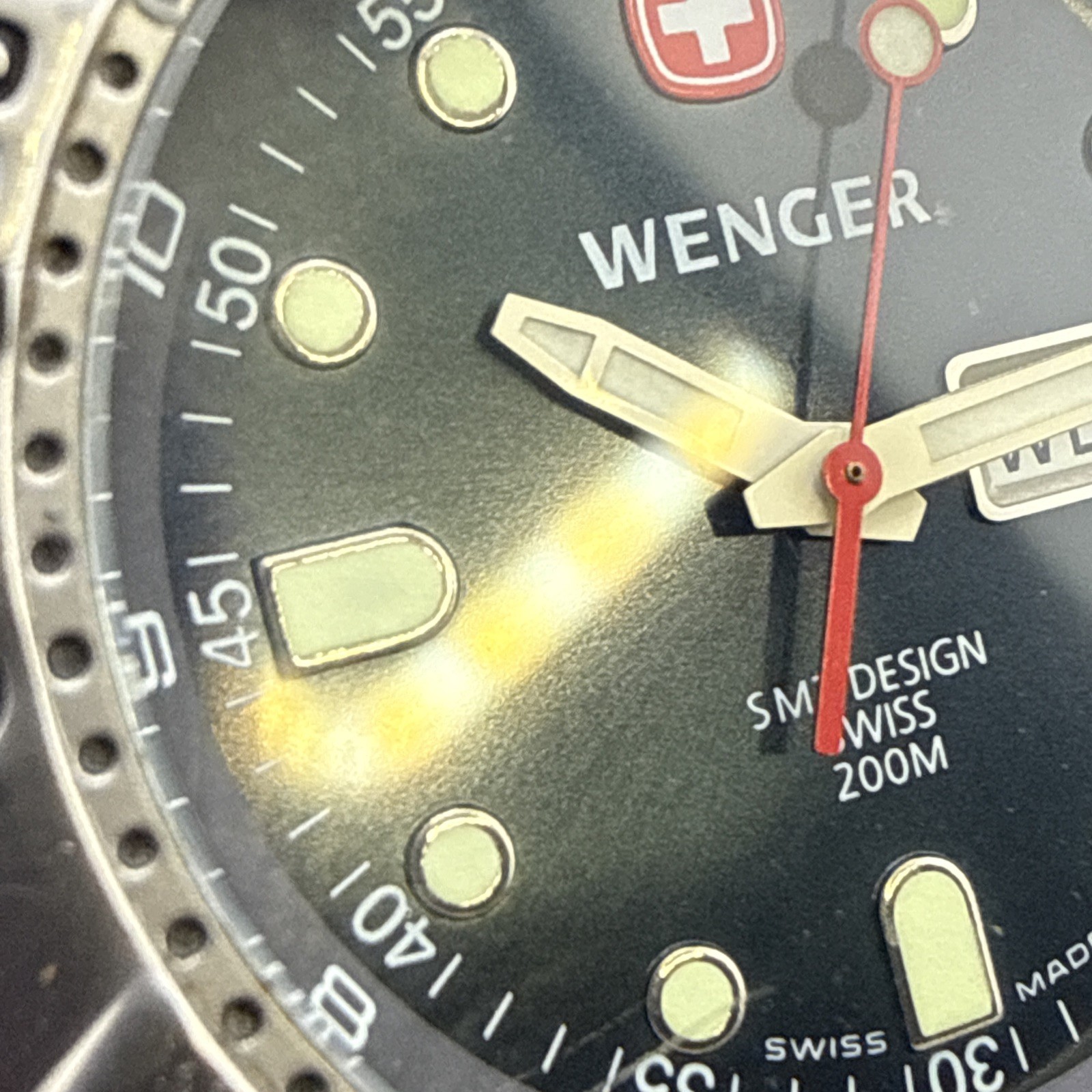 Wenger SMT Design 200m Quartz Black Dial Day-Date Men’s Watch Good Lume New Batt