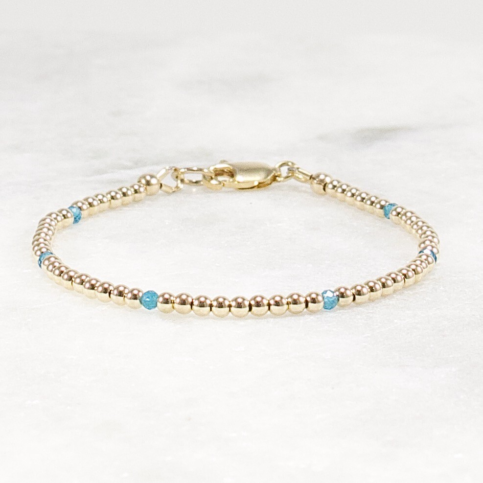 Gold and Apatite Beaded Bracelet, 14k Gold Filled, Neon Blue Apatite