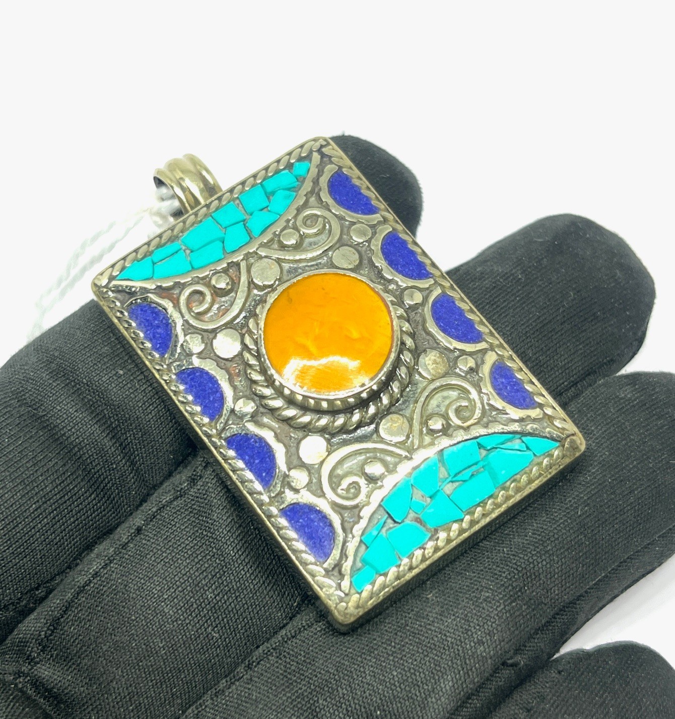 Turquoise Lapis Amber Gemstone Tibetan Statement Pendant Jewelry, 2.0 inch