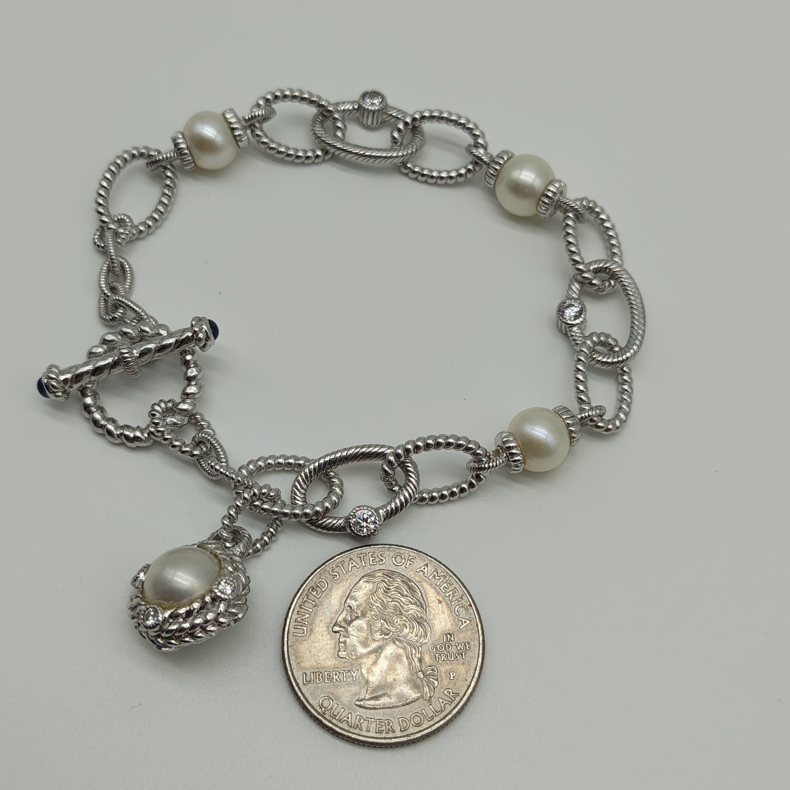 QVC Judith Ripka Sterling Silver 925 Pearl & CZ Station Bracelet 8.25″