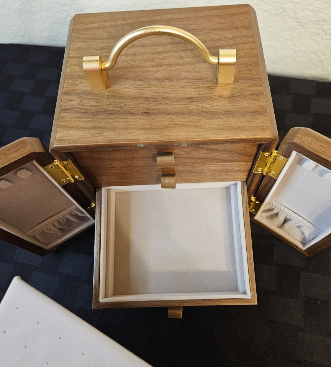 Black Walnut Wooden Jewelry Organizer With Painted Mirror Doors & Brass Handles